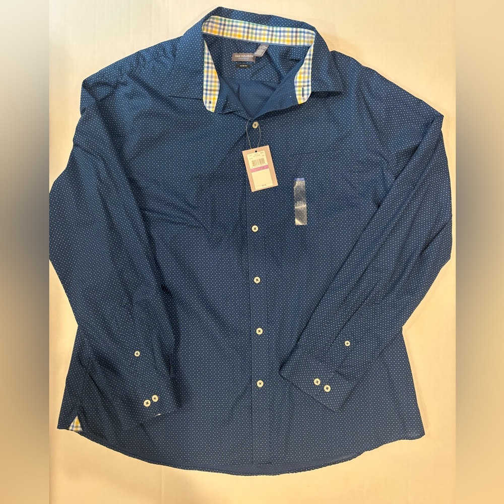 NEW Van Heusen Slim Fit Long Sleeve Button Down Shirt Blue Polka Dot Size XXL